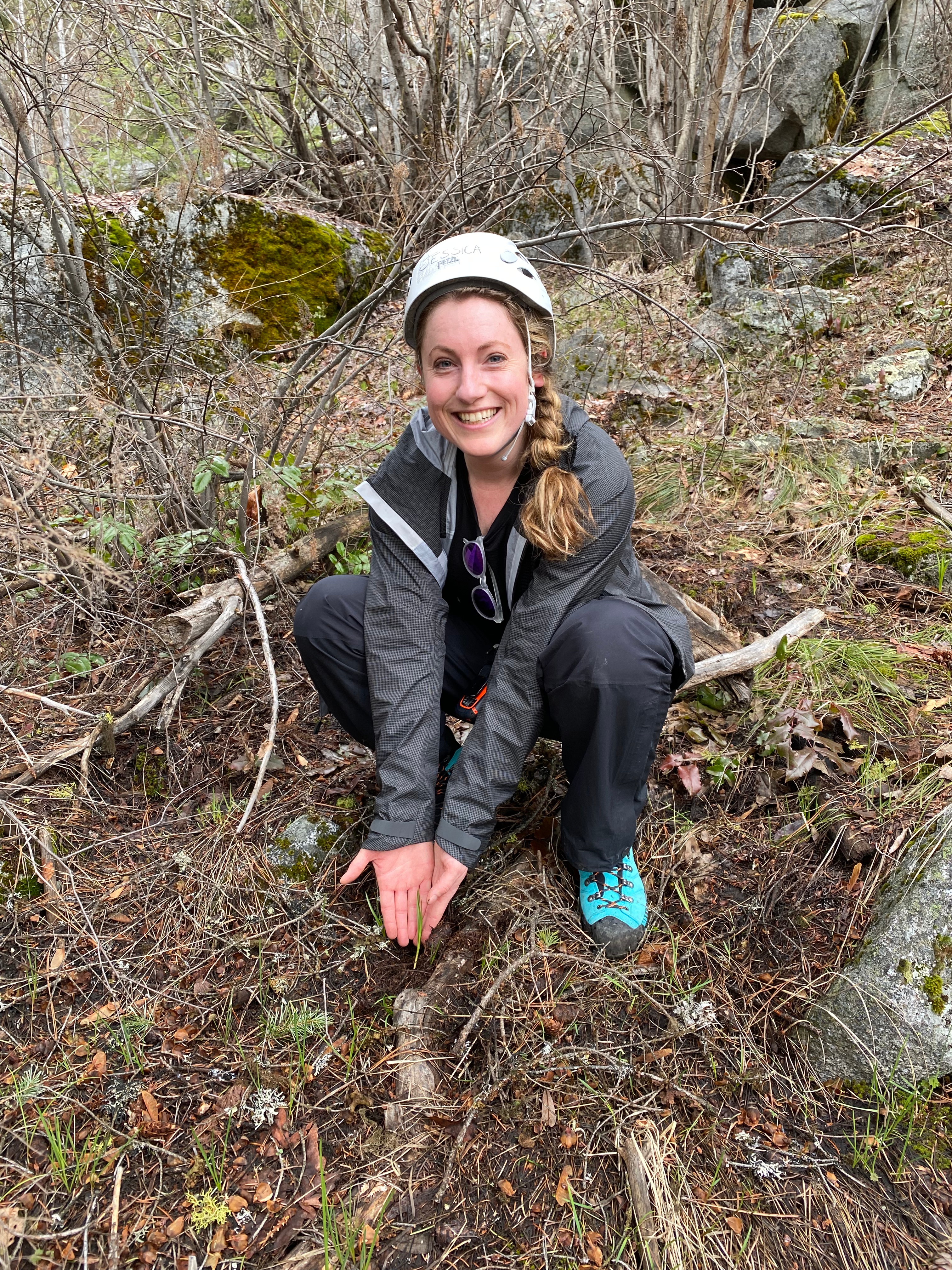 Jessica Reber, dietitian, discovering wild onions on a hike