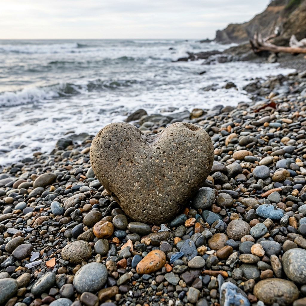 Heart-shaped stone among small rounded pebbles on beach by ocean waves